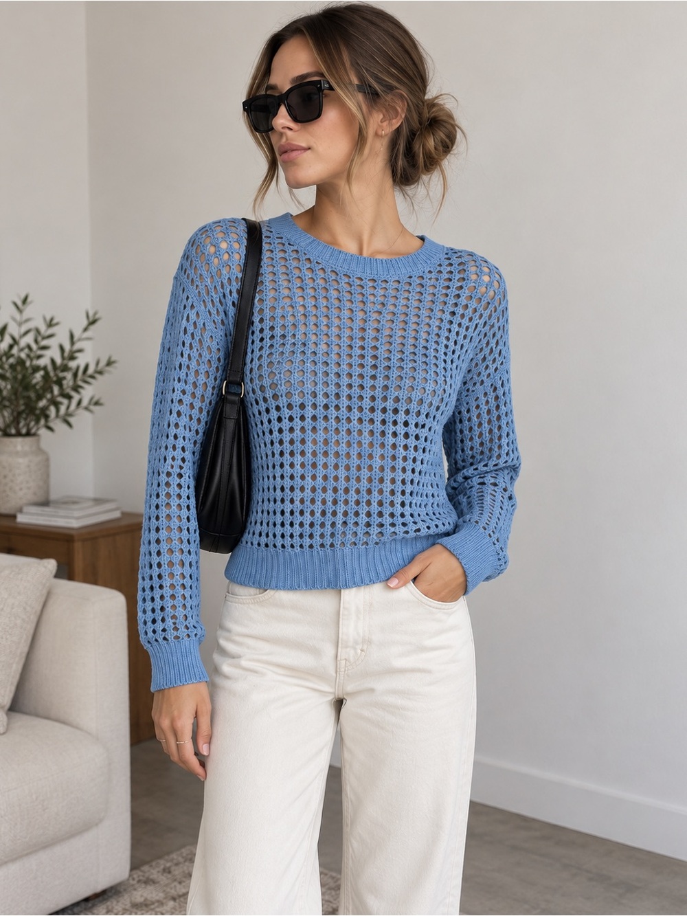 Calvin Klein Jeans Blue Open Knit Crochet Sweater Size L